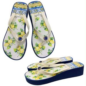Lemon Print Wedge Flip Flops S8
